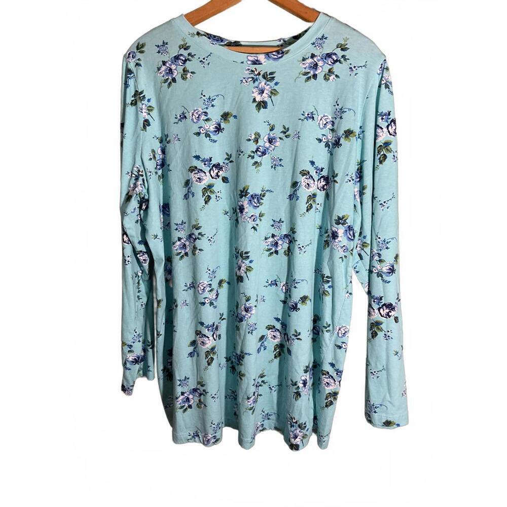 Woman Within Floral Long Sleeve Teal Shirt 18-20